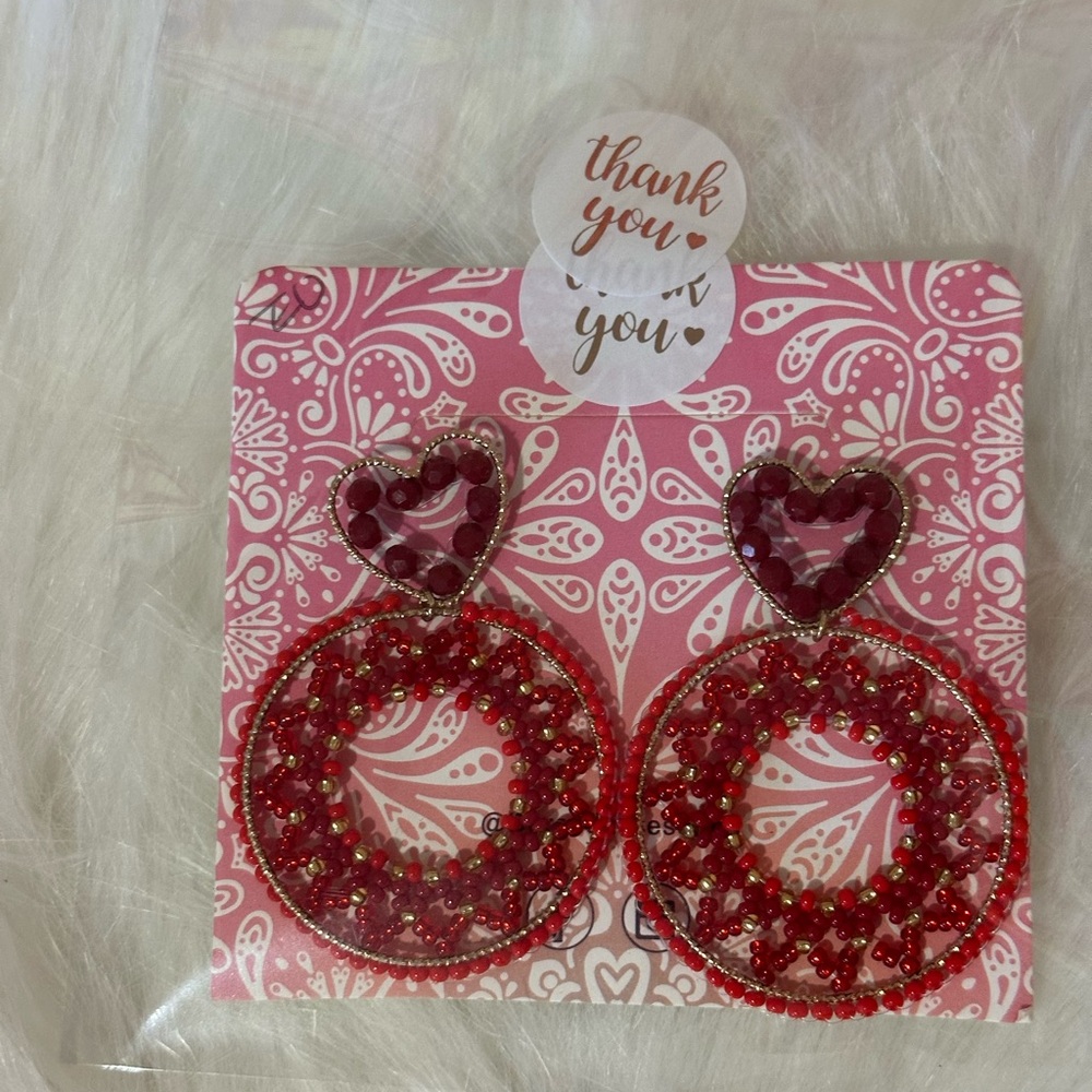 Heart-Shaped Red Beaded Earrings